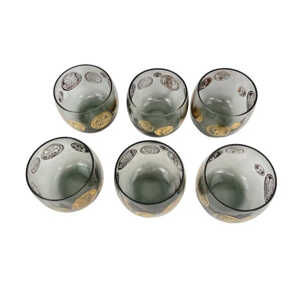 Vintage Mid-Century Lowball Glasses Set of 6 Coin Design 22K Gold Accents Smoky - Picture 9 of 10